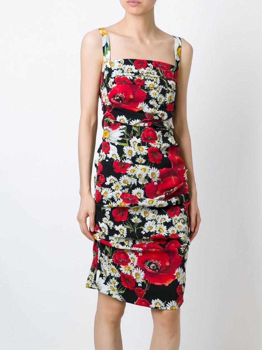 Dolce & Gabbana Ruched Floral Midi Dress Poppy Daisy IT 44 US 8/10